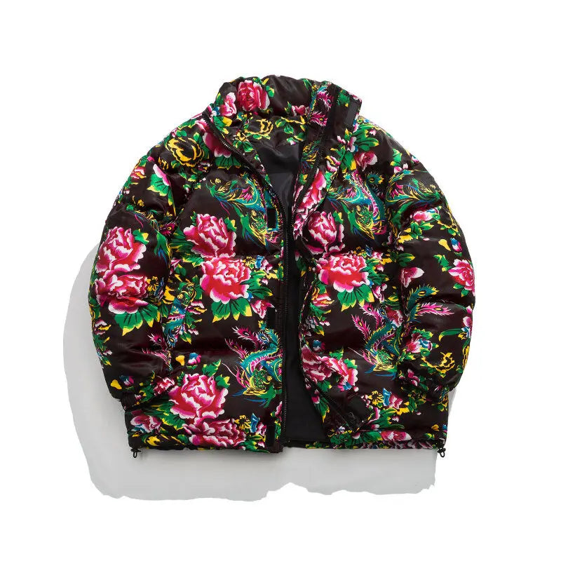 Winter Puffer Jacket Chic Flower Print Zipper Vintage Men's Chinese Patter Short Parkas