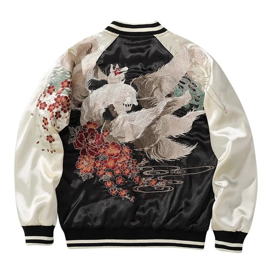 Men Sukajan Jacket Nine Tailed Fox Peony Embroidered Bomber Letterman