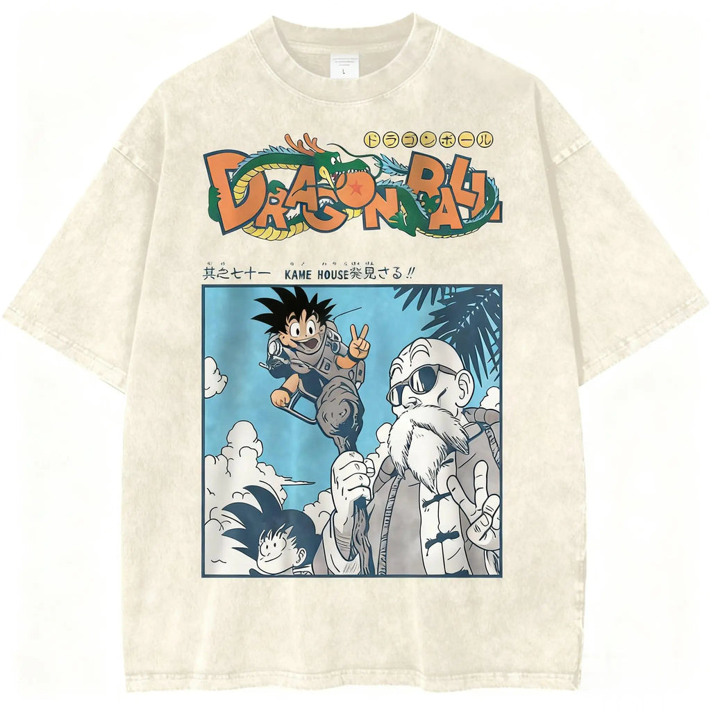 Harajuku Dragon Ball Unisex Vintage Wash Cotton Graphic Print  Short Sleeve Tee  Casual Streetwear