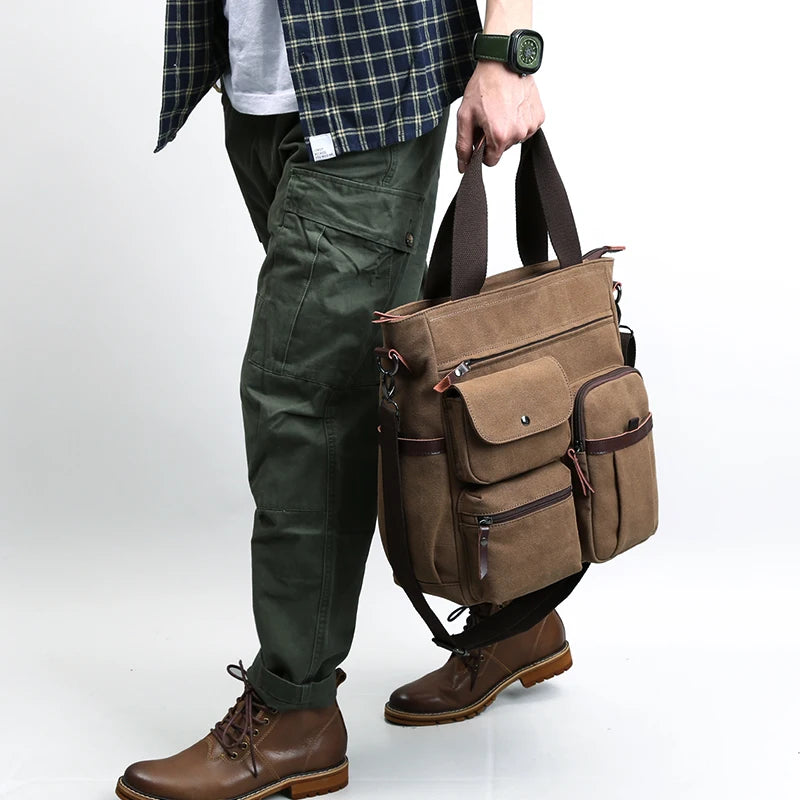 Canvas Briefcase Bag 13 inch Laptop Vintage Shoulder Bag for Men