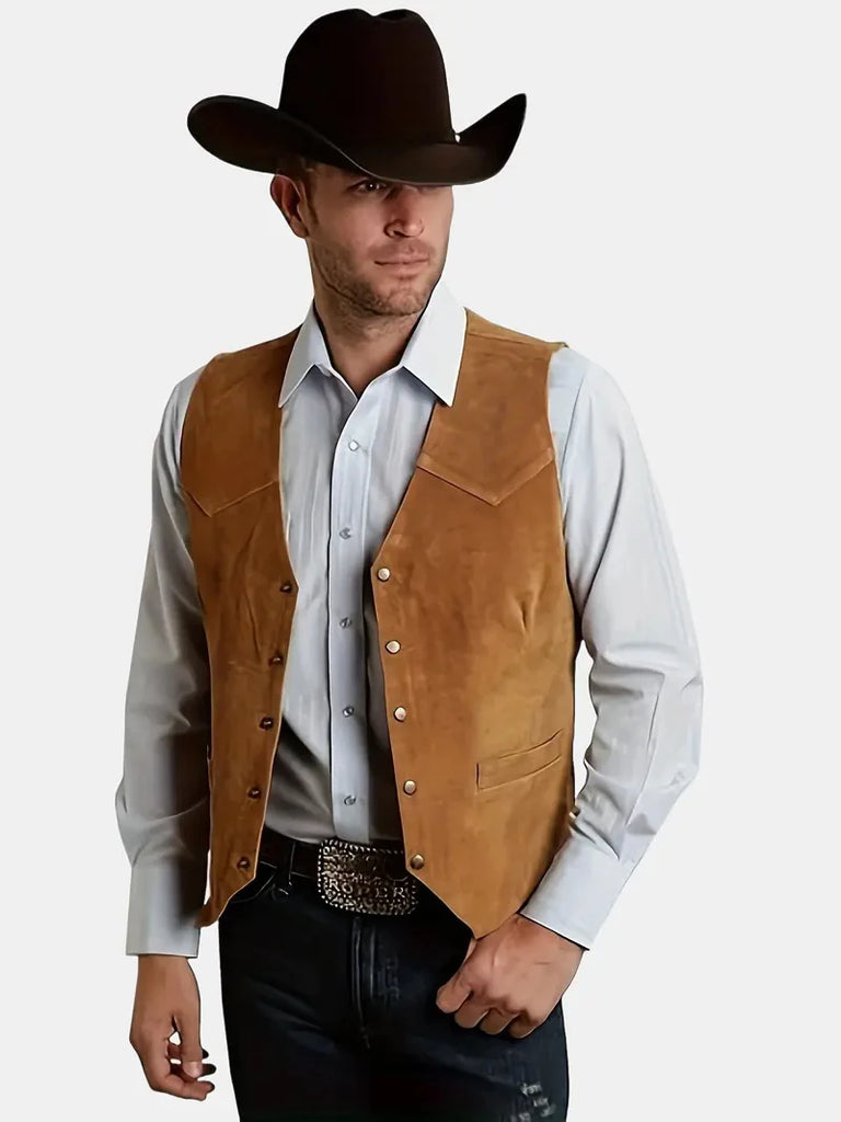 Vintage Suede Leather Men's Vest Slim Fit V-Neck Regular Fit Suit Waistcoat