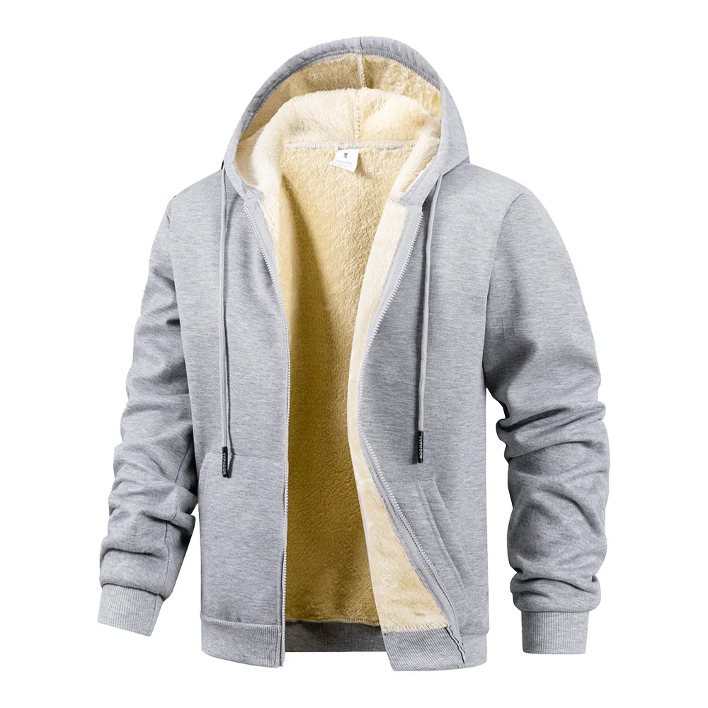 Men's Thickened Fleece Lining Warm Jackets Cardigan  Zip Up Hooded Jackets