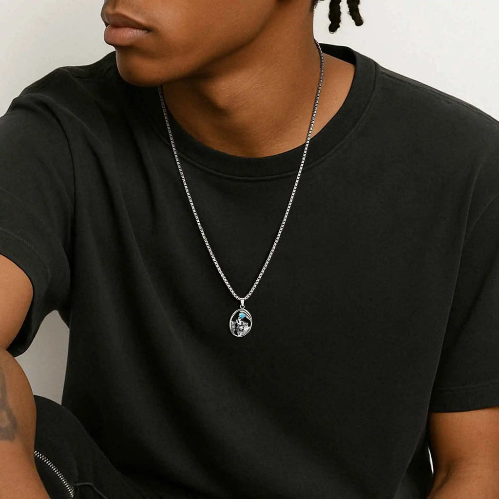Wolf Head Oval Men's Sliver Stainless Steel Pendant with Turquoise Stone