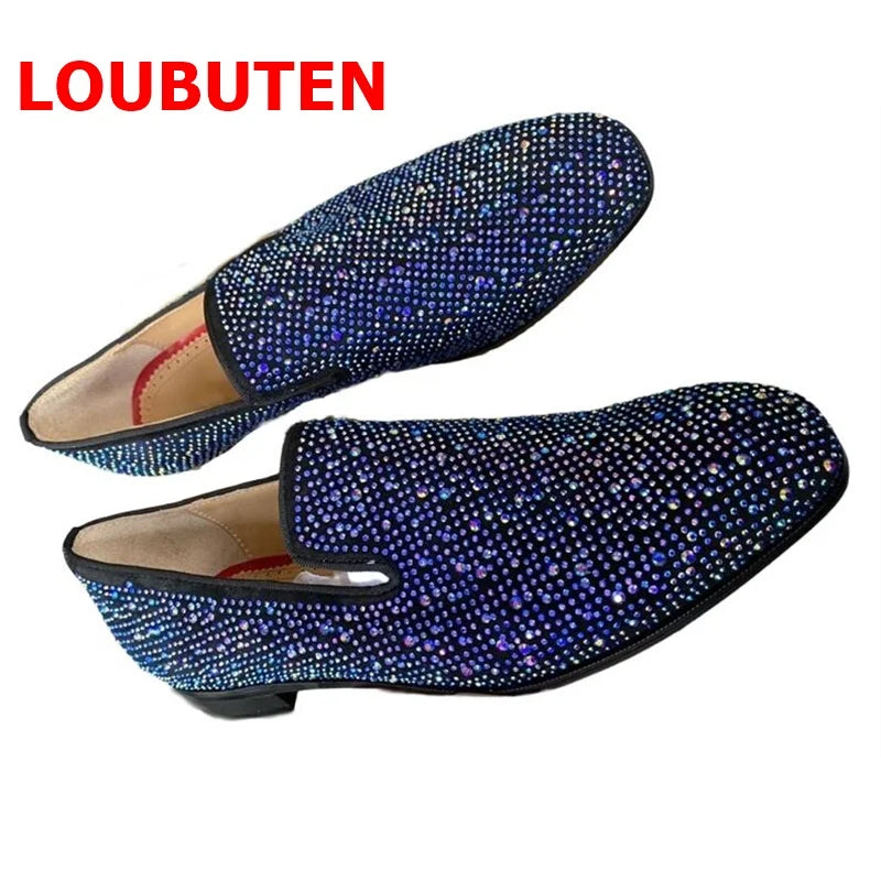 Royal Blue Rhinestone Loafers Luxury Men's Dress Shoes Slip On Leather Flats