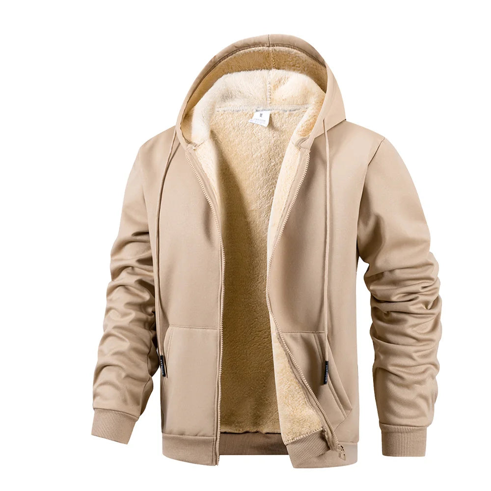 Men's Thickened Fleece Lining Warm Jackets Cardigan  Zip Up Hooded Jackets