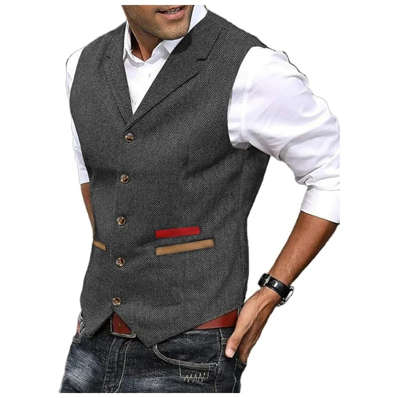 Men's Vintage Herringbone Tweed Vest - Wool Waistcoat Gilet| Custom Tailored Fit