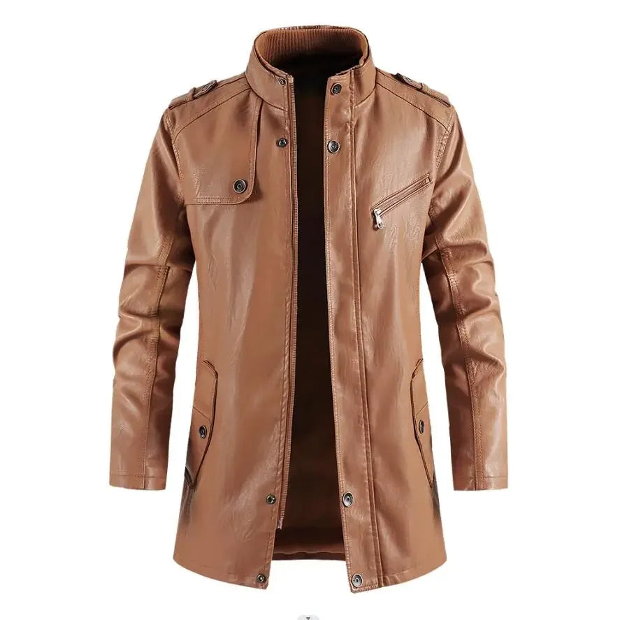 Men's Thick Fleece Leather Jacket Long Vintage Steampunk Biker clothing