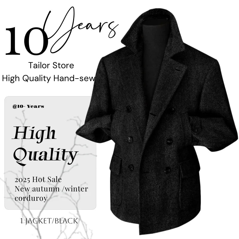 Men's Vintage Herringbone Tweed Blazer British Double Breasted Lightweight Coat