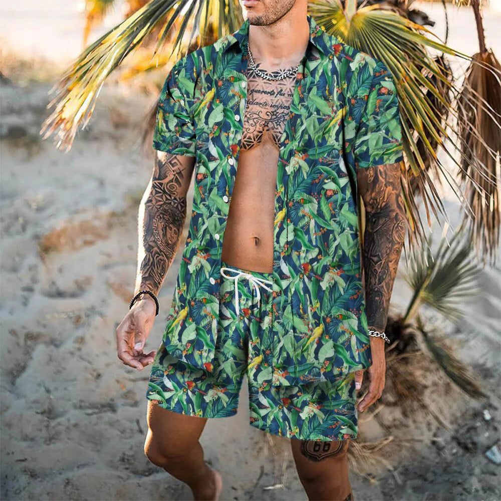 Hawaii Beach Men's Shirt Set Flamingo 3D Printed Loose Short Sleeve Shorts 2Pcs
