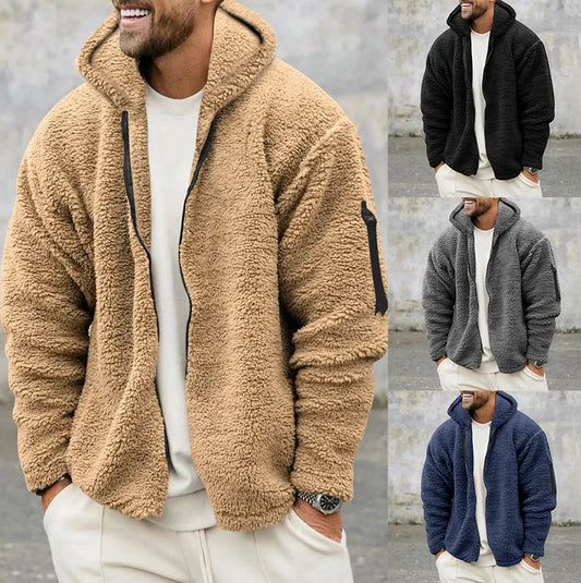 Men's Double-sided Fleece Warm Loose Windbreaker Coat Zipper Hooded Jacket