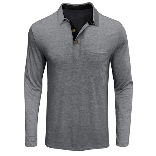 Men's Long Sleeve Casual Solid Lapel Button Up Turn Down Collar Polo Shirt