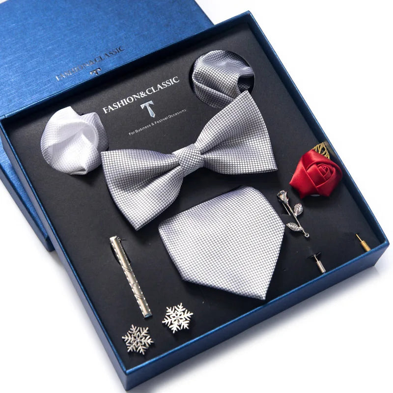 Silk Handkerchief Pocket Squares Cufflink Bow Tie Clip Necktie Set