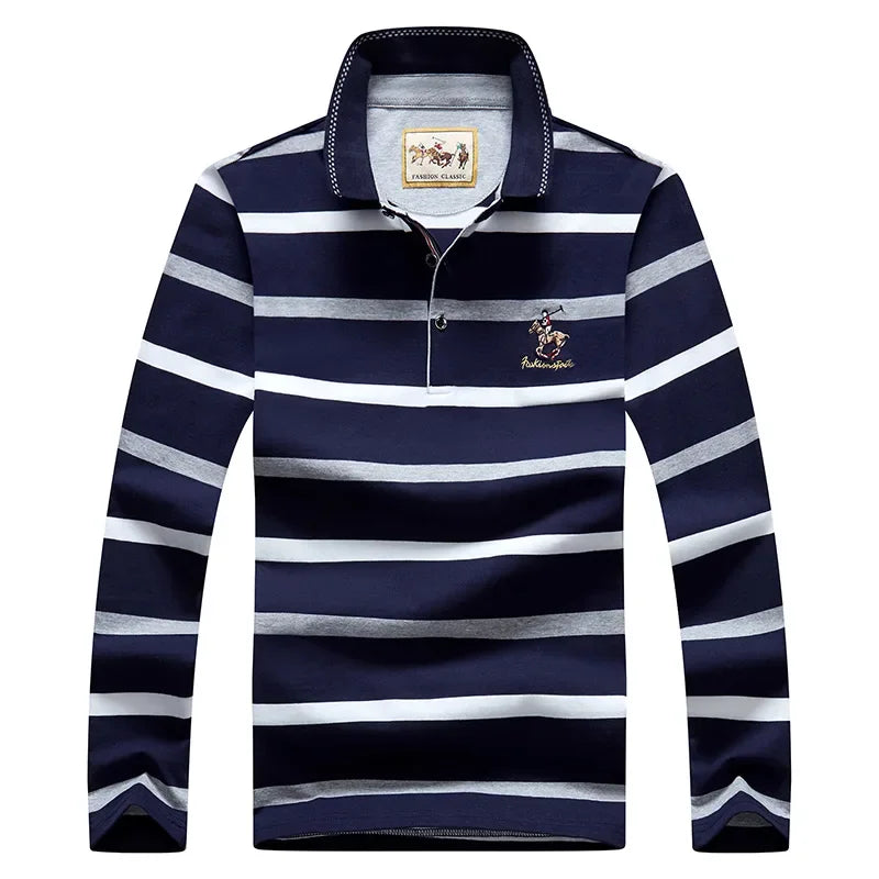 Men Cotton Long Sleeve Stripe Embroidery Casual Polo Shirt