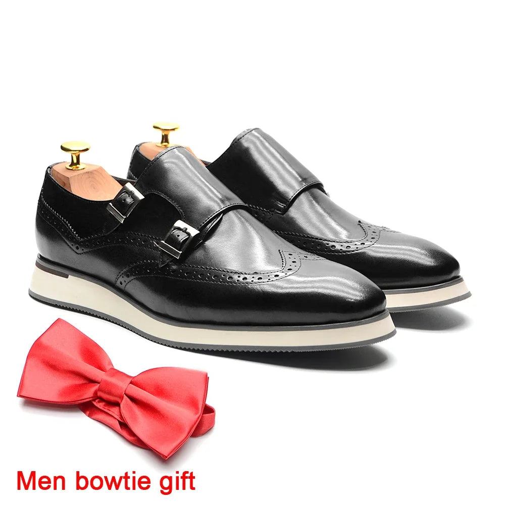 European Men's Genuine Leather Double Monk Strap Wingtip Oxfords Brogue Dress Shoes