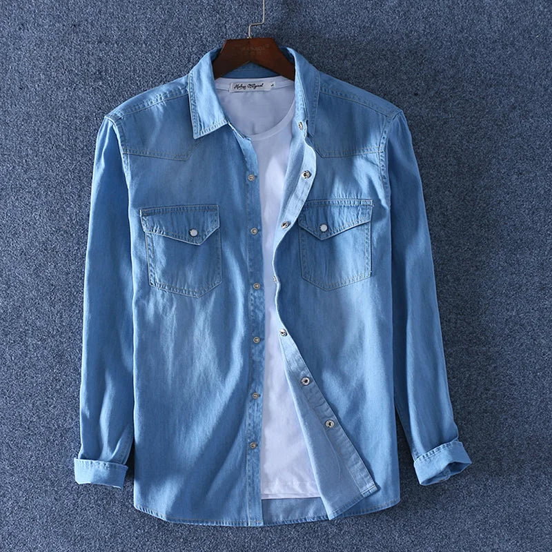 Double pocket button 100% cotton denim high quality men's long-sleeved shirt