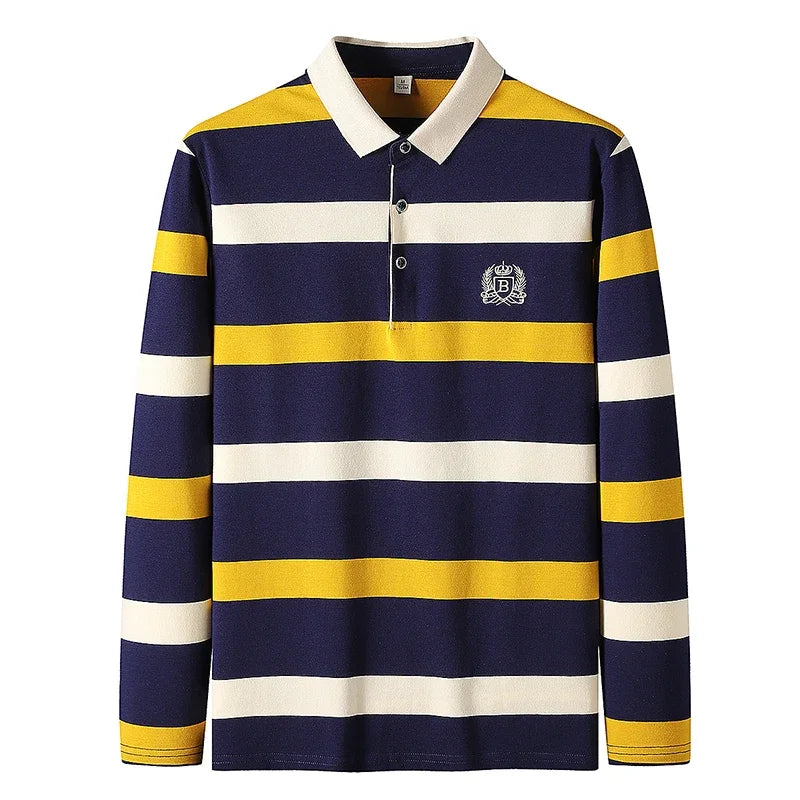 Men Cotton Long Sleeve Stripe Embroidery Casual Polo Shirt