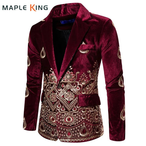 Floral Embroidery Luxury Velvet Formal Slim Fit Single Button Men's Suit Jacket