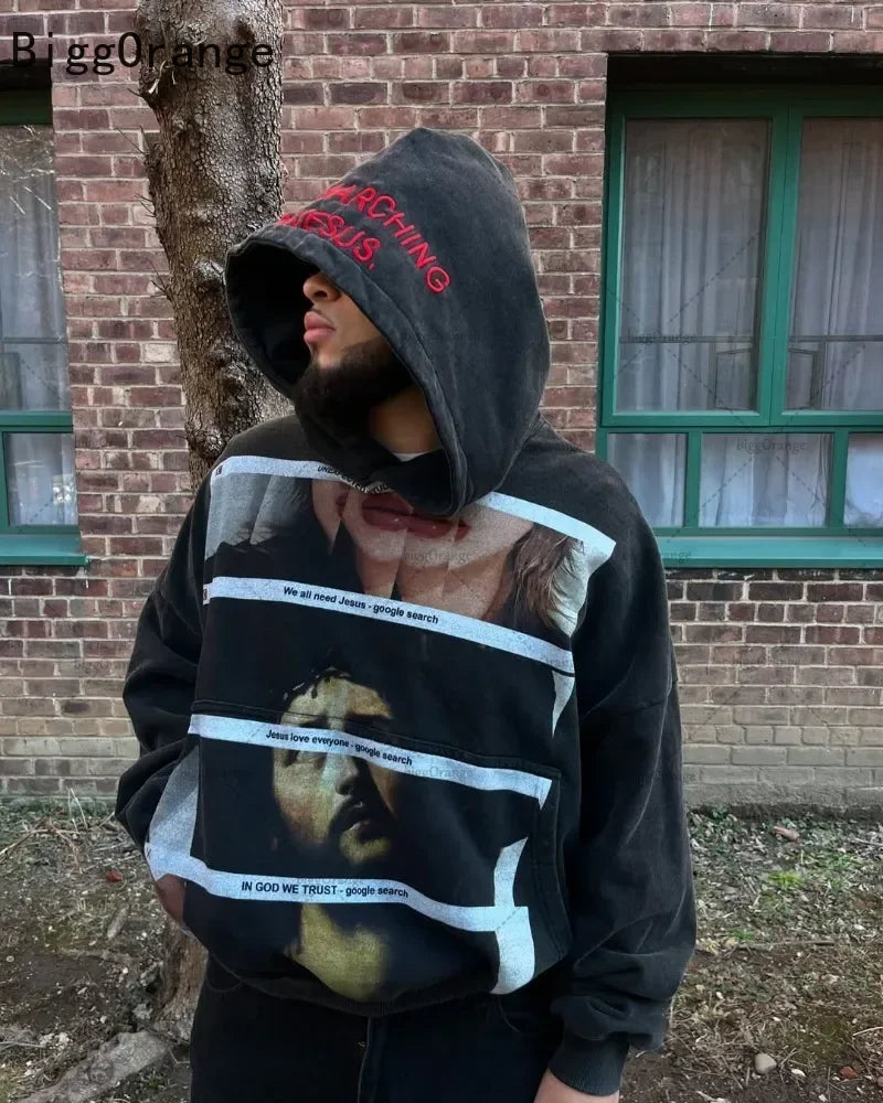 American punk Harajuku fashion loose hoodie retro Gothic casual street clothing