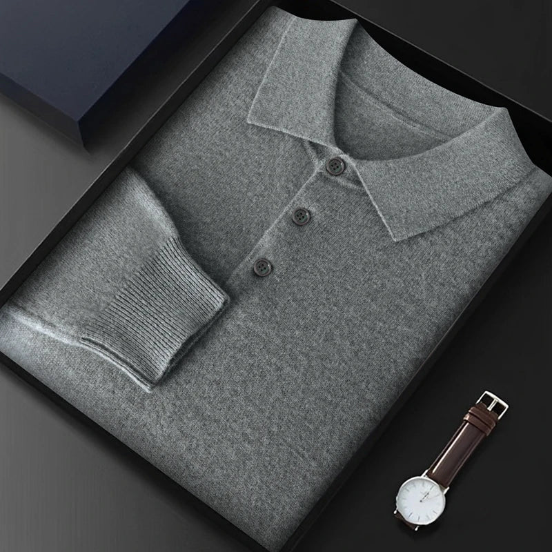 Men Australian Wool Pullover Flip Collar Sweater Long Sleeve High Quality Tops