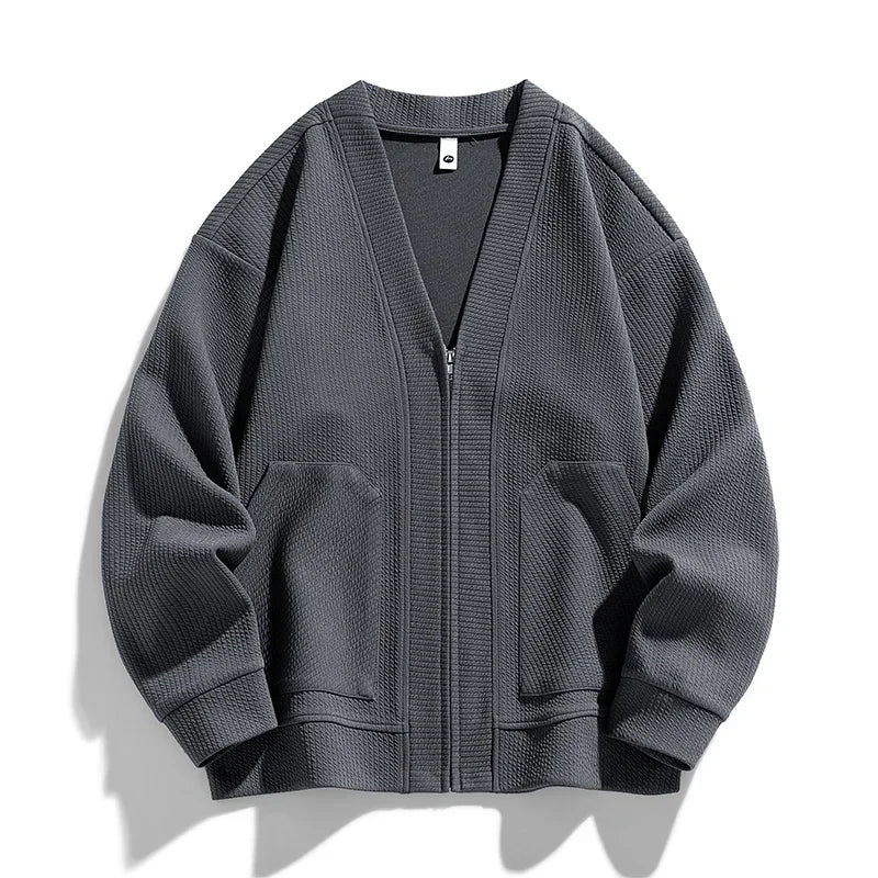 Men Cardigan Pockets Coat Oversize Simple Thin Zipper Loose Sweater