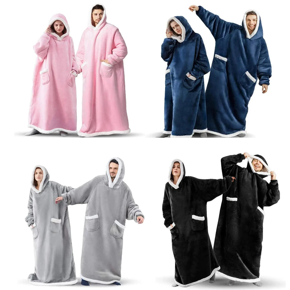 Super Long Flannel Blanket Pajamas with Sleeves Hoodies Unisex Pullover