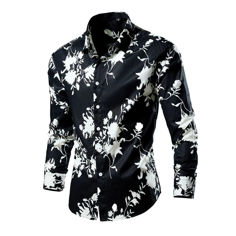 High-quality Men's Cotton Thin Slim Luxury Long Sleeve Hawaiian Shirt Lapels