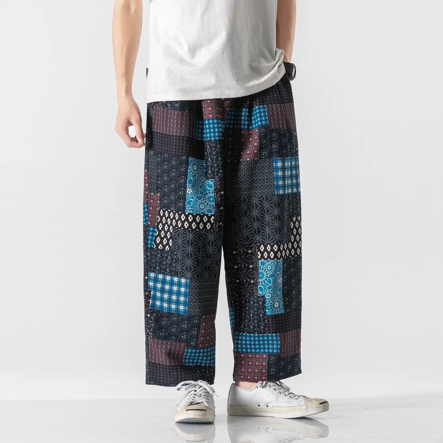 Summer Men's Harem Wide Leg Straight Patchwork Loose Streetwear Trousers M-3XL