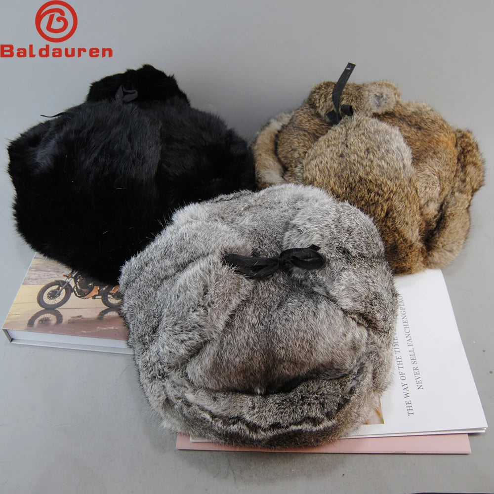 Men's Warm Natural Rabbit Fur With Earflaps Russian Ushanka Hats