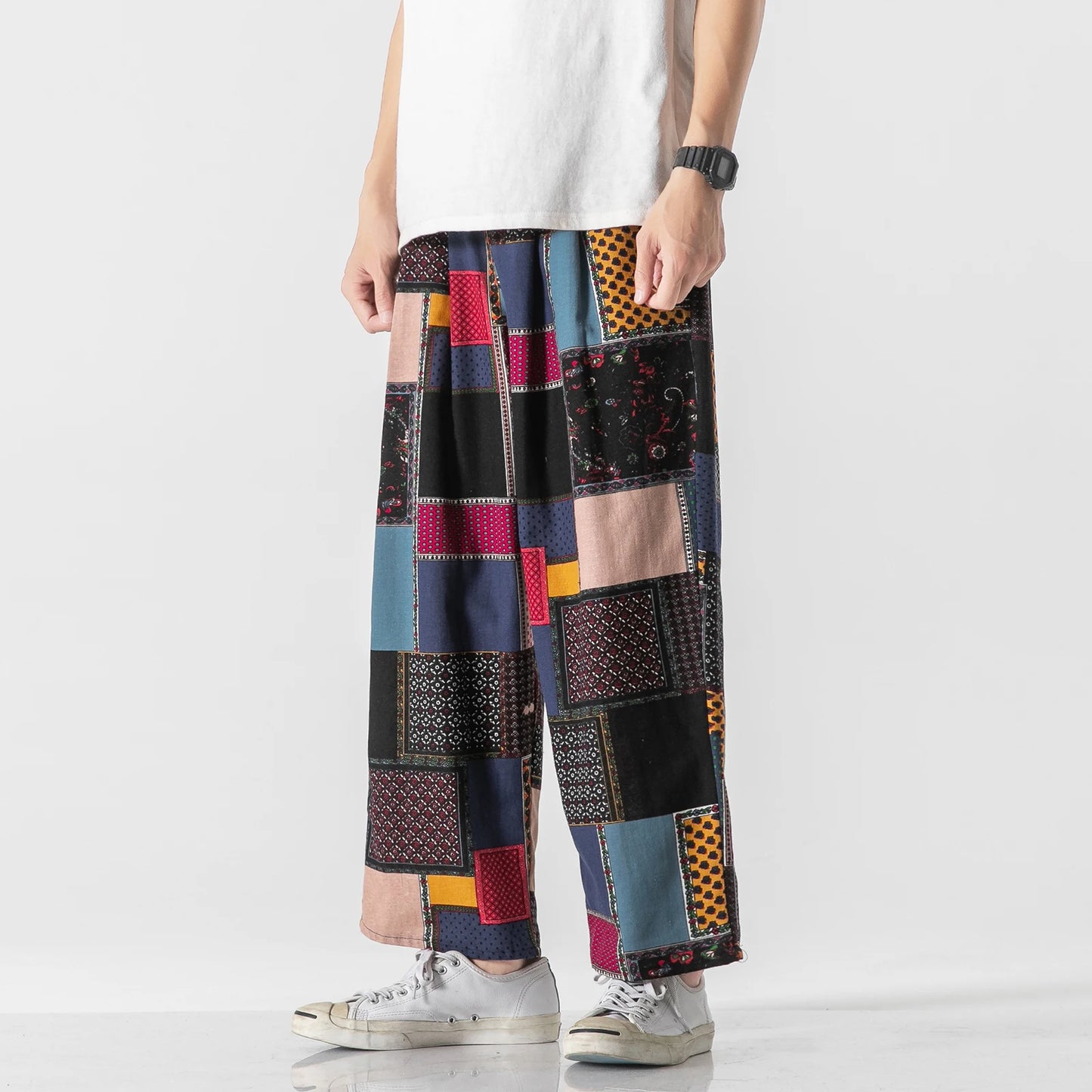 Summer Men's Harem Wide Leg Straight Patchwork Loose Streetwear Trousers M-3XL