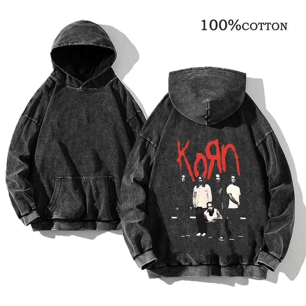 Korn World Tour Hoodies Vintage Washed Men's Sweatshirts Cotton Streetwear Hooded Pullover