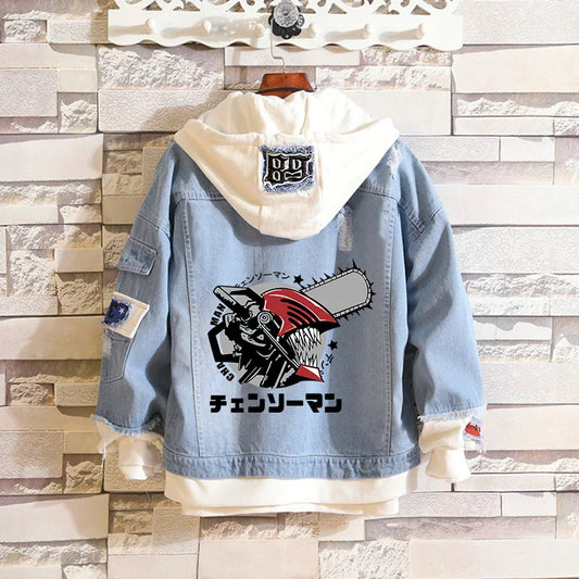 Japan Anime Chainsaw Man Denim Jacket Manga Graphic Jackets