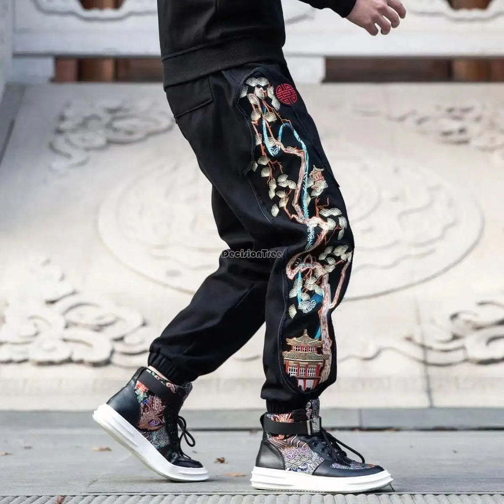 Chinese style men's pants national tide embroidery retro loose pants