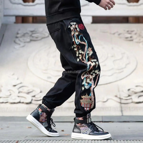 Chinese style men's pants national tide embroidery retro loose pants