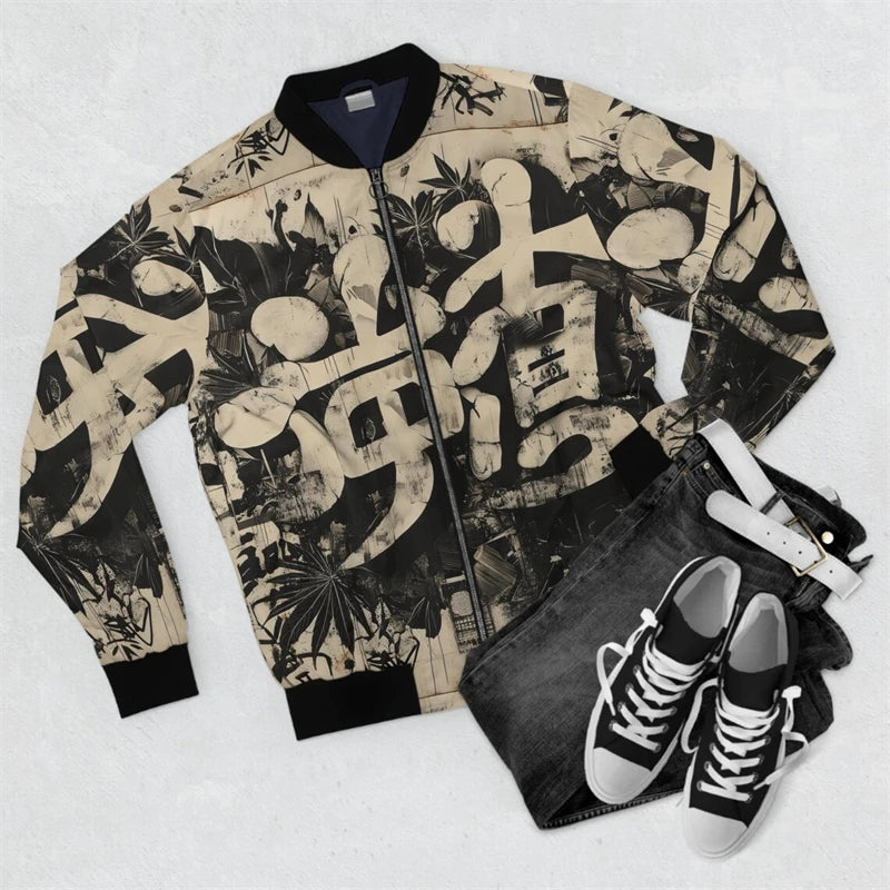 Harajuku Japanese Graffiti Men's Oversized 3D Long Sleeve Zipper Bomber Jackets