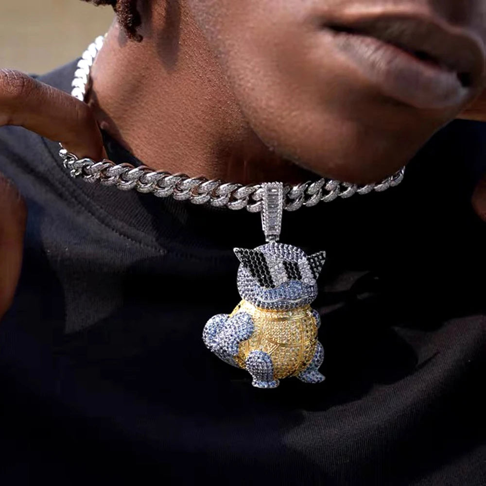 Iced Out Bling Squirtle Pendant Necklace Micro Pave Color Hip Hop Men's Jewelry