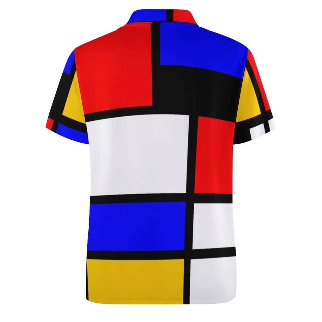 Multi Geometric Print Polo Mondrian Style Streetwear T-Shirts Collar Oversized Clothing