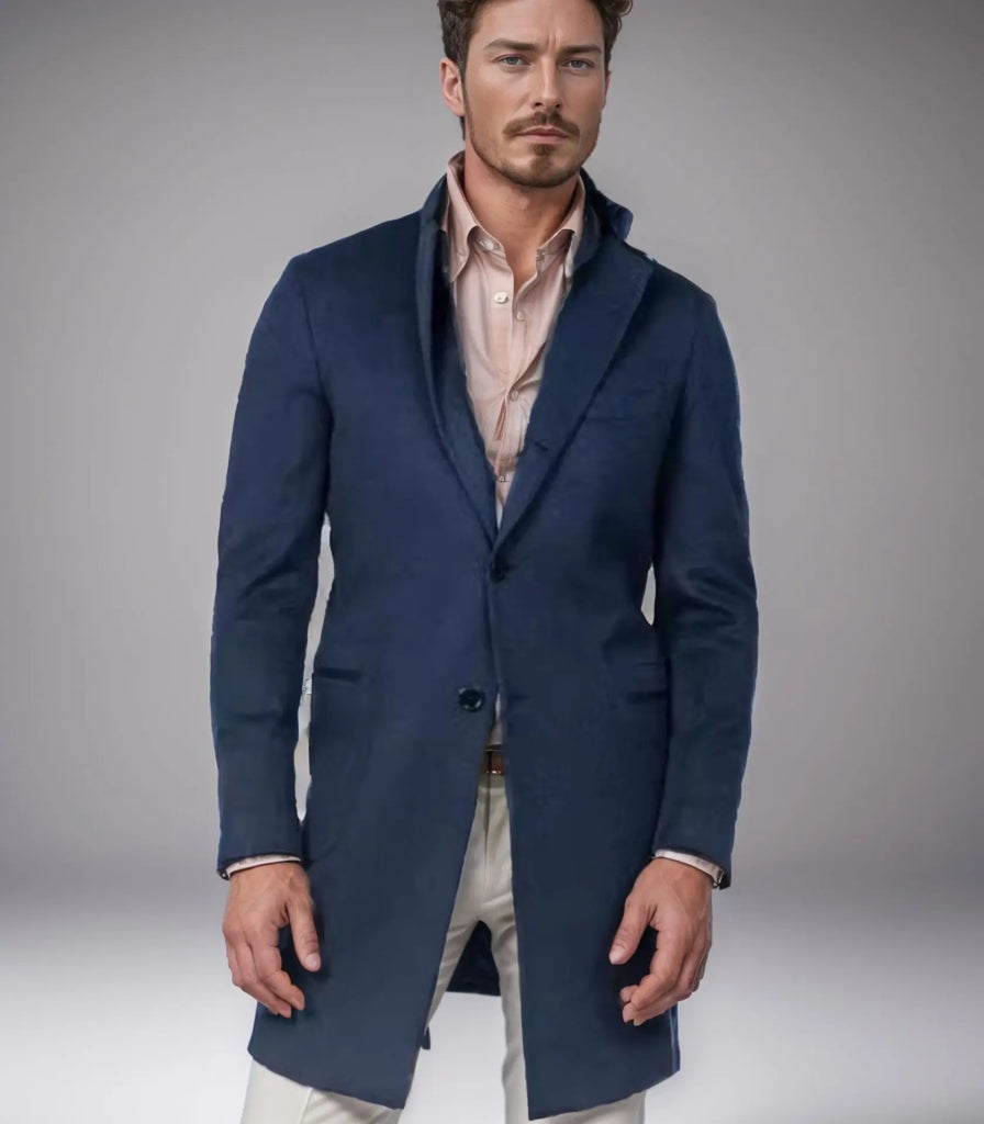 Men Elegant Woolen Jacket with Lapel Pockets Slim Solid Color Collar Trench Coat