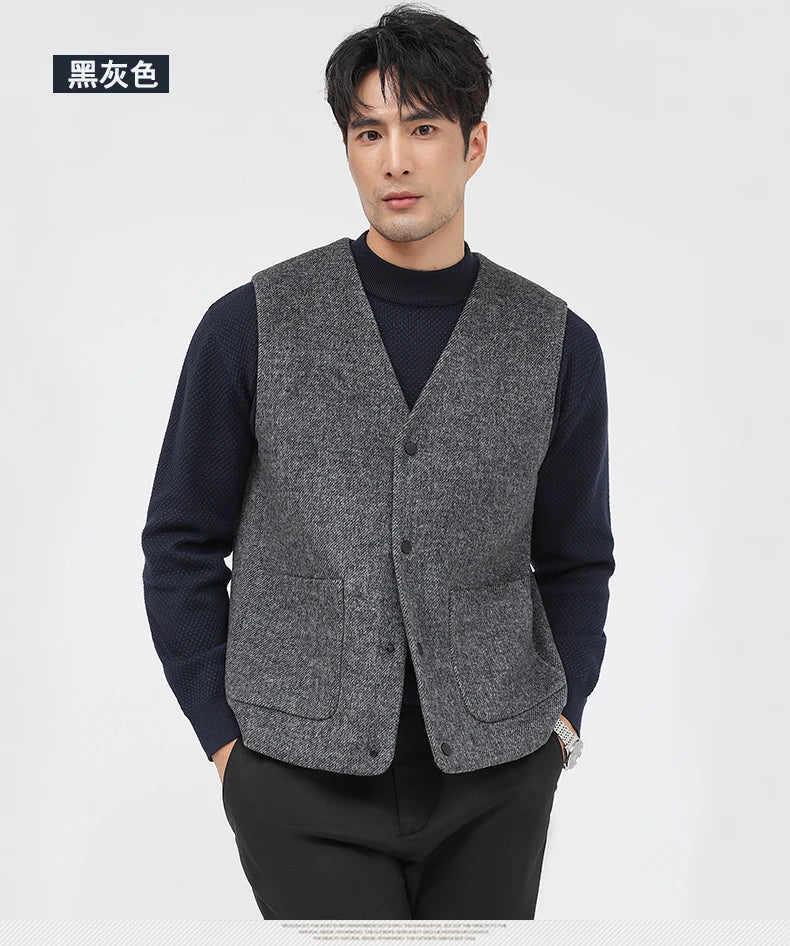52.3% Sheep Wool Waistcoat Men Trendy Classic V-Neck Single Breasted Vest