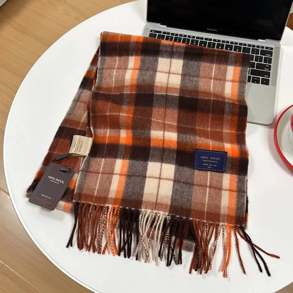 Men 100% Wool Plaid Muffler Cashmere Windproof Stripe Tassel Shaw Thick Scarf