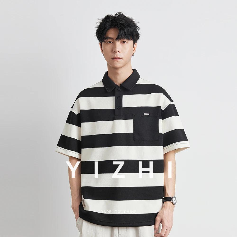 Korean Retro Striped Color Blocked Short Sleeved Men's Trend Loose And Versatile Polo Shirt