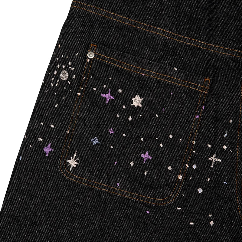 Creative Volcano Starry Sky Pattern Embroidery Design Straight Leg Jeans Men Streetwear