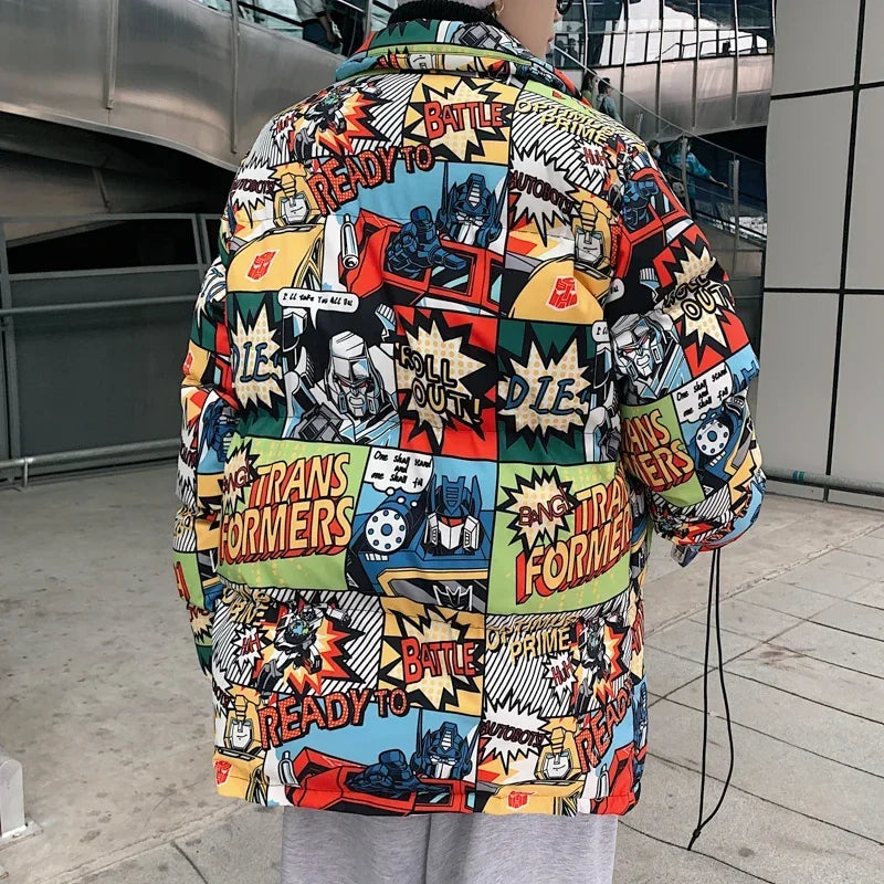 Graffiti Cartoon Print Parkas Streetwear Harajuku Men's Zipper Cotton Padded Jacket