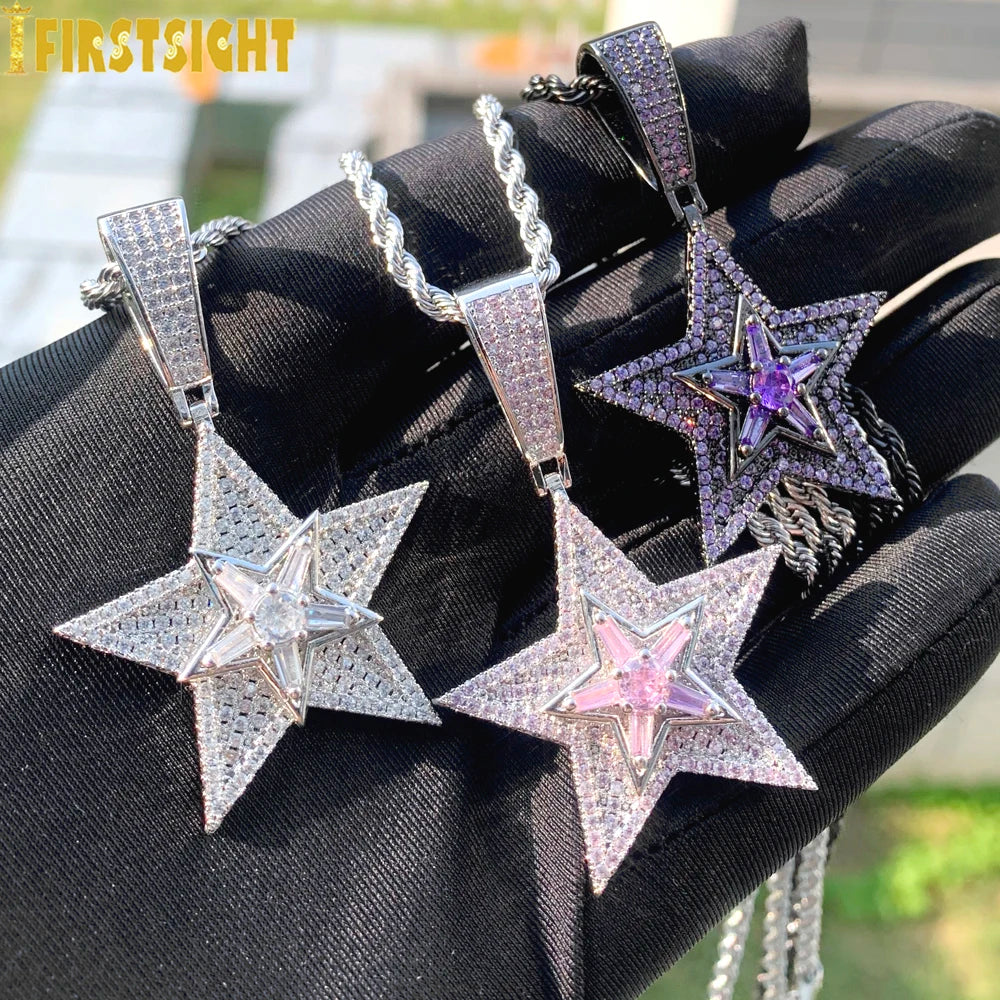 Iced Out Rotatable Star Pendants Cubic Zirconia Multi Layers Men Jewelry