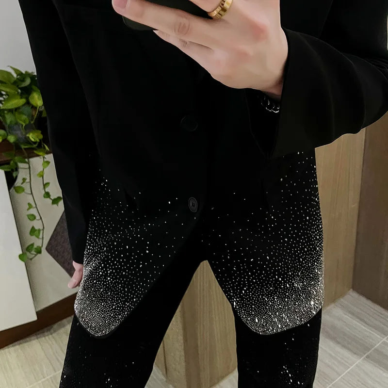 Full Diamonds High-end Men's Black Loose Blazers Trendy Male Suit Jacket