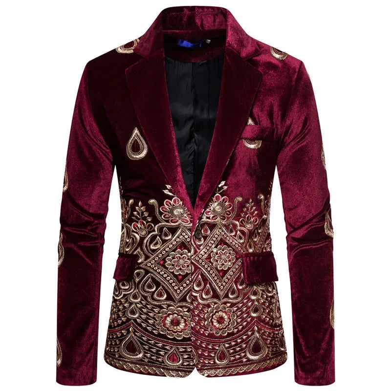 Floral Embroidery Luxury Velvet Formal Slim Fit Single Button Men's Suit Jacket