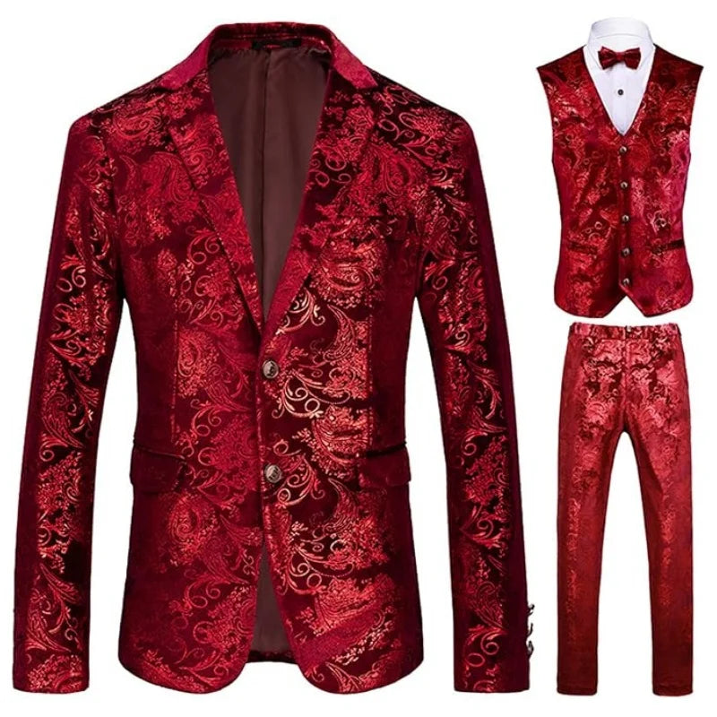 Men's 3-Piece Floral Tuxedo Suit | 2-Button Slim Fit Set (Jacket+Vest+Pants) for Themed Parties