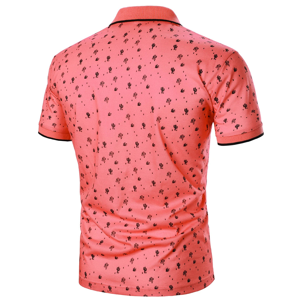 Men Short Sleeve Polo Shirt Cactus Print Pattern Casual Streetwear