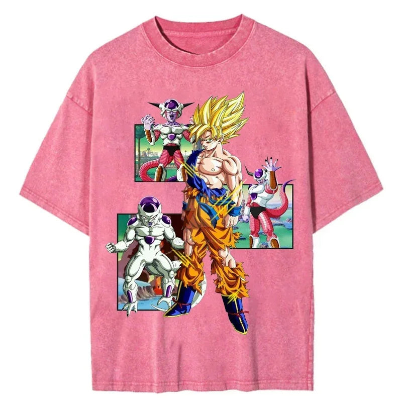 Men Oversized Vintage T Shirt Dragon Ball Washed Cotton Pink Top