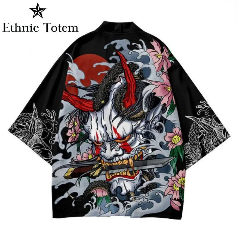 Men Demon Dragon Pattern Printed Kimono Cardigan Japanese Traditional Cloak