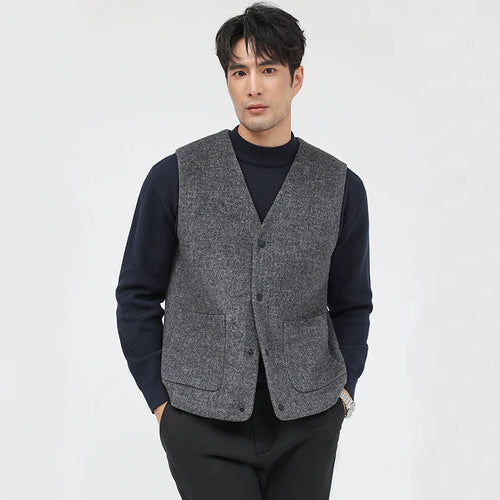 52.3% Sheep Wool Waistcoat Men Trendy Classic V-Neck Single Breasted Vest